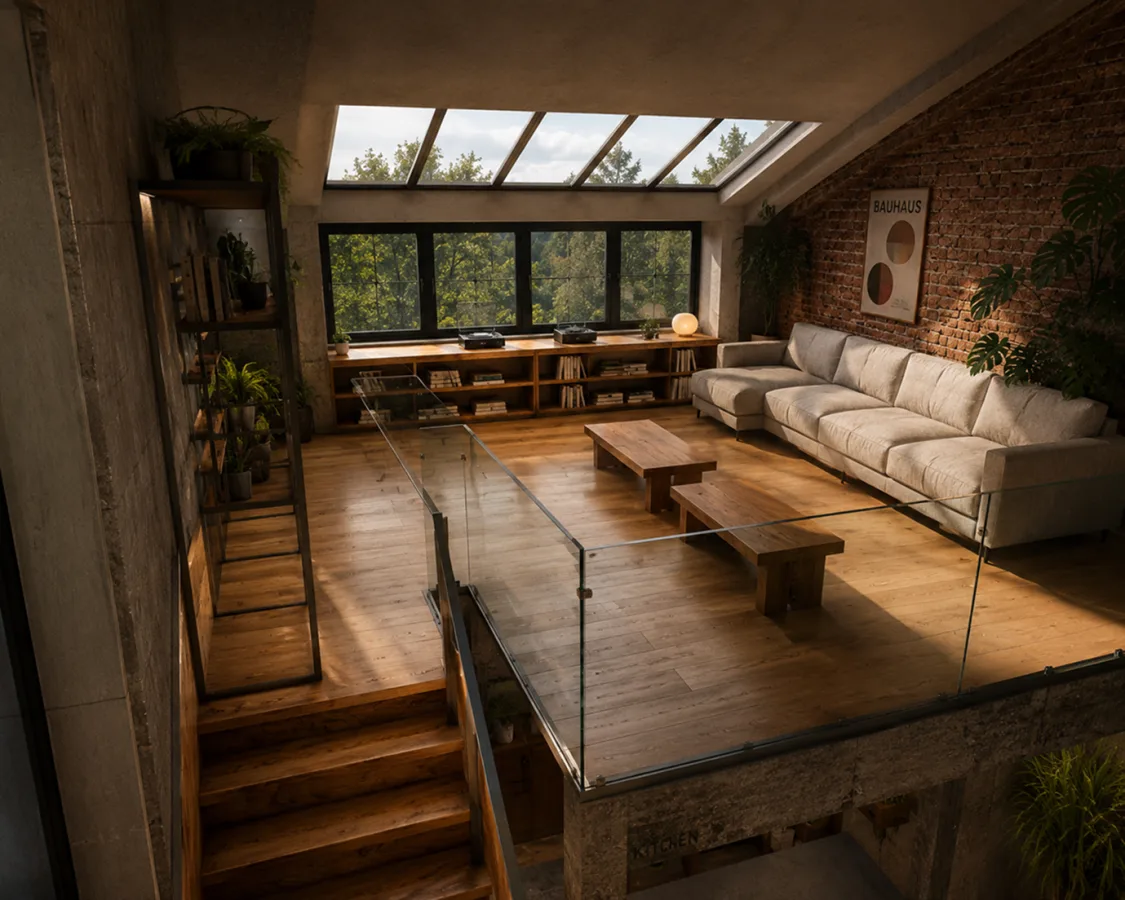 Hub interior — mezzanine reading loft